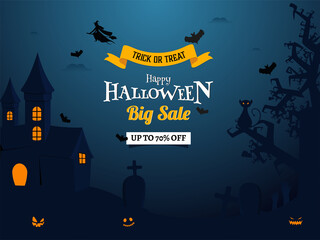 Happy Halloween Big Sale Poster Design with 70% Discount Offer and Haunted House on Blue Graveyard Background.