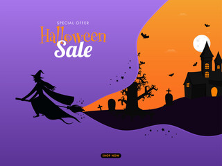 Halloween Sale Poster Design with Silhouette Witch Flying at Broom, Castle and Graveyard View on Full Moon Orange and Purple Background.