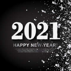 2021 Happy New Year Banner with Silver Numbers on black Background with scattering sequin and foil paper confetti. Vector illustration. All isolated and layered
