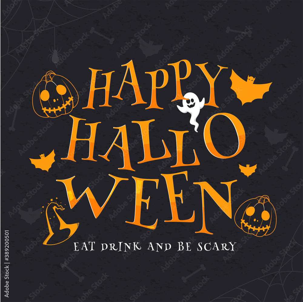 Canvas Prints orange happy halloween text with cartoon ghost, bats witch hat and jack-o-lanterns on black grunge b