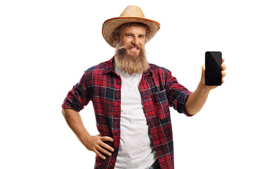 Young bearded farmer showing a smartphone