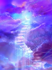 A staircase over a crescent moon with colorful clouds in the night sky