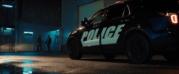 WIDE Police car turns on flashing lights while approaching two multi-ethnic males suspects near...