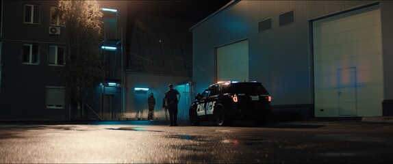 WIDE Police officer exiting a car and approaching two multi-ethnic males suspects near industrial...