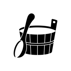Silhouette sauna emblem. Outline icon of wooden tub, bath ladle. Classic accessory for Russian banya. Black simple illustration of spoon, bucket. Flat isolated vector pictogram, white background - 389202123