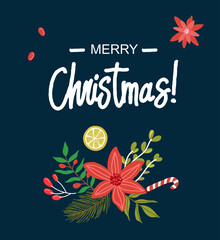 Christmas flat lay design with gift boxes.  Wrapping paper or fabric. Christmas and new year element, poster for your design.  Merry Christmas calligraphy with hand drawn decorative frame.