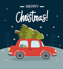 Merry christmas and happy new year greeting card with retro car and lettering. Vector illustration. Winter evening landscape background. 