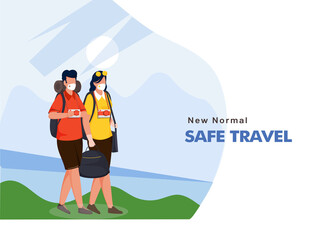 Cartoon Tourist Man and Woman Wear Protective Masks with Bags and Camera on Blue and White Background for New Normal Safe Travel.