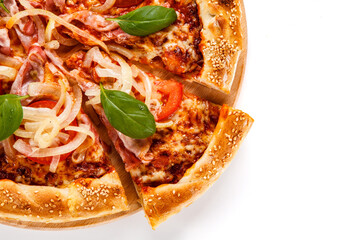 Pizza with ham, mozzarella, champignon, tomatoes and onion on white background

