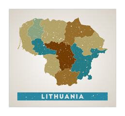 Lithuania map. Country poster with regions. Old grunge texture. Shape of Lithuania with country name. Cool vector illustration.