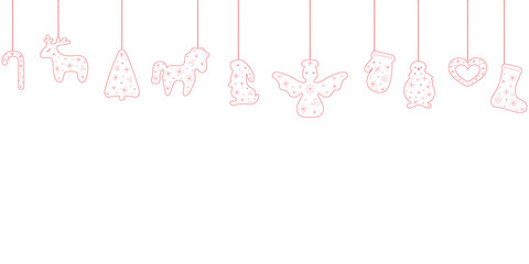 Christmas decorations elements border. Ornaments hanging  with deer, hors, tree, rabbit, angel, snowman, sock, mitten, heart, candy. Vector red illustration on white background.