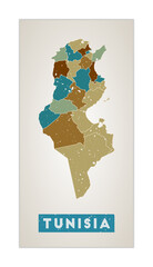 Tunisia map. Country poster with regions. Old grunge texture. Shape of Tunisia with country name. Awesome vector illustration.