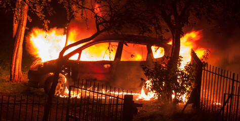 A  abandoned car on fire in a public park.