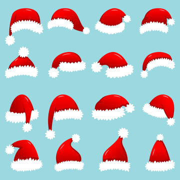 Set of red Santa Claus hats isolated on white background illustration