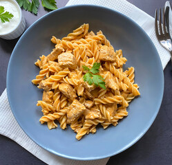 Classic chicken goulash with fusilli pasta in sour creme gravy. 