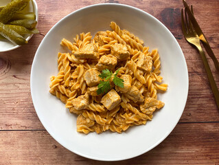 Classic chicken goulash with fusilli pasta in sour creme gravy and served with gherkins. 