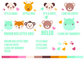 children's cute set with animal faces, inscriptions and hearts for creating postcards, posters, vector illustration on a white background