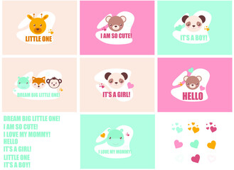 cute animal faces with lettering, colored vector set with baby cards