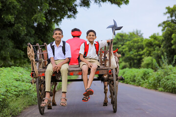 Cute indian child going to school on bullock cart
