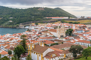 Fototapeta na wymiar Aerial view over Angra do Heroísmo and bay with Monte Brasil in the background, Terceira - Azores PORTUGAL