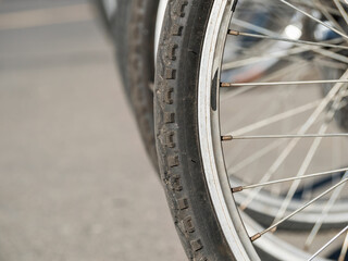 Close up with bicycle wheels aligned