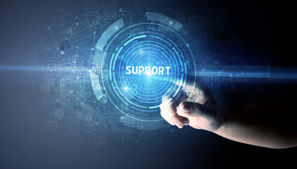 Hand touching SUPPORT button, modern business technology concept