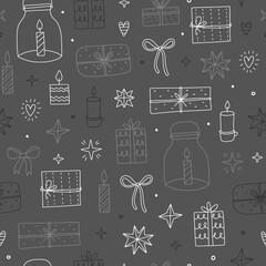 Christmas seamless pattern. Vector background with cute winter illustrations: candles, gifts, snowflakes. Hygge pattern design