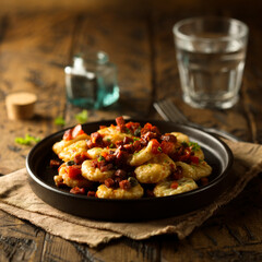 Homemade gnocchi with fried sausage and tomato