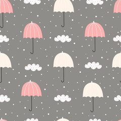 Seamless pattern Colorful umbrella with clouds and snow on a gray background Hand drawn design in cartoon style used for Print, wallpaper, fabric, textiles Vector illustration