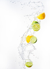Fresh limes and lemons with water splash in midair, isolated on white background