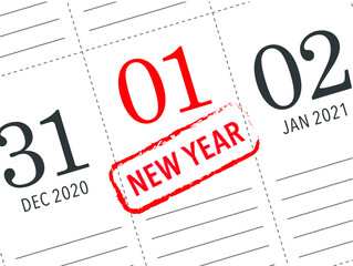 Close up of first day of the year 2021 on diary calendar, simple and clean design vector. 
