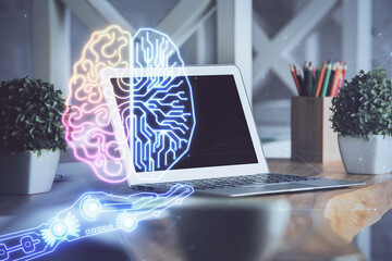 Double exposure of desktop computer and human brain drawing hologram. Ai concept.