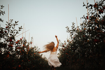Back view of cheerful girl running and jumping in a apples garden. Selective focus and noise effect.