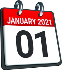 Close up of first day of the year 2021 on calendar. New year is the first day of the year in the Gregorian calendar.