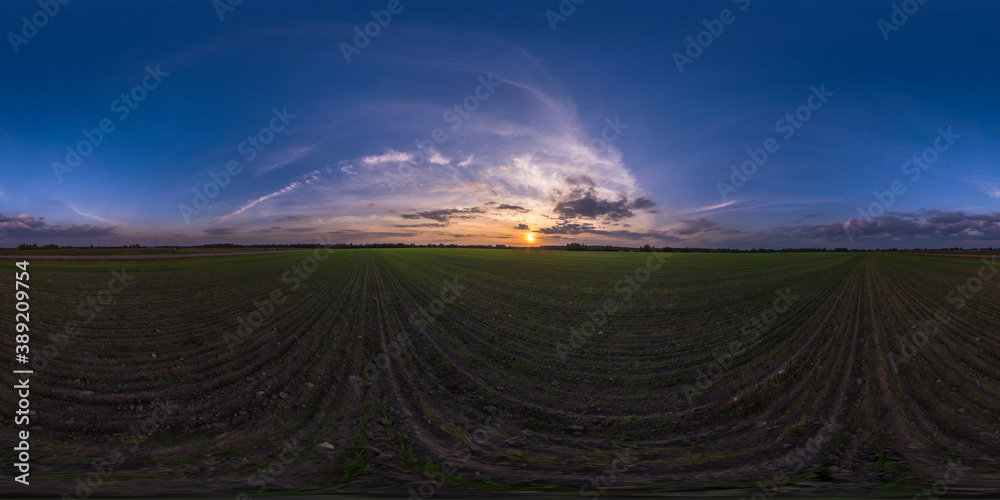 Wall mural full seamless spherical hdri panorama 360 degrees angle view on among farm fields in autumn evening 