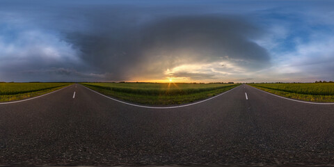 full seamless spherical hdri panorama 360 degrees angle view on asphalt road among farm fields in...