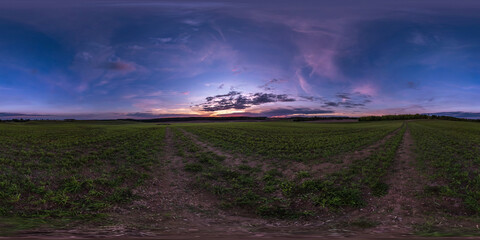 full seamless spherical hdri panorama 360 degrees angle view on among farm fields in autumn evening...