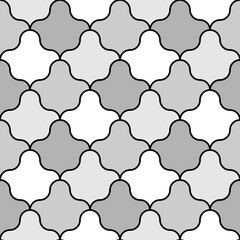 Grey interlocking figures tessellation on black background. Image with floral shapes. Ethnic mosaic tiles motif. Mosaic wallpaper. Seamless surface pattern design with scales ornament. Vector art.