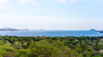 Fototapeta na wymiar Viewpoint on Komodo Islands, bay view on a clear sunny day, calm sea bay and green forest