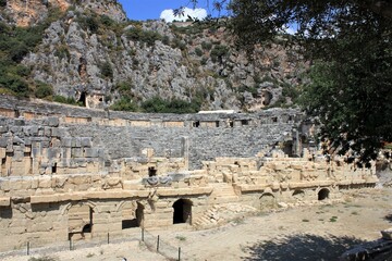 Ancient amphitheatre on the background of graves in Lycia, Turkey