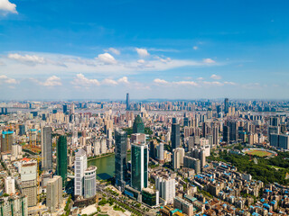 Aerial view of Wuhan skyline and Yangtze river with supertall skyscraper under construction in Wuhan Hubei China.