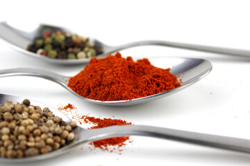 Wide variety spices and herbs on background of white table, with empty space for text or label.