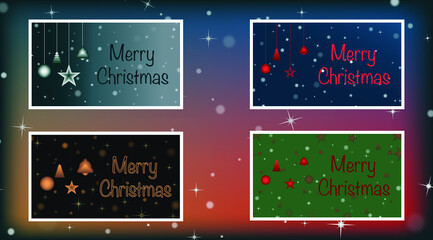 Quadruple set of Merry Christmas cards containing christmas and happy new year objects in four different colors.