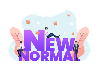 Businessman Wearing Face Mask and Working Around New Normal Text