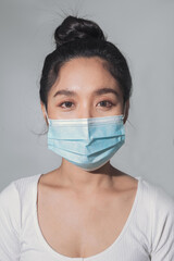 Woman wear medical mask protecting from coronavirus pandemic. close up of asian woman wear surgical medical mask.