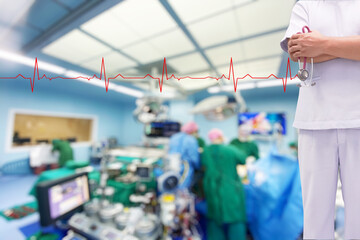 Blurry Team of surgeons in hospital doing interventions. Surgery operating room