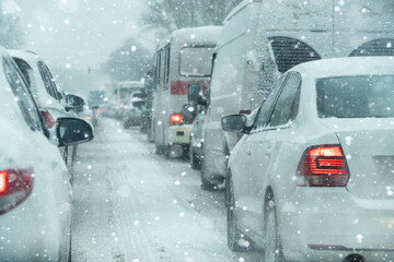 Traffic jam on a city street in winter