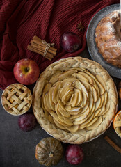 Various pastry items made with apples. Top view photo of sweet pie on grey plate. 
