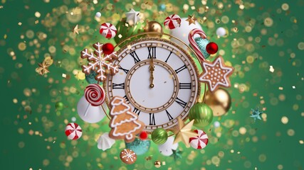 Fototapeta premium 3d render, Happy New Year celebration, midnight salute with sparkling confetti and bokeh lights, gingerbread cookies, caramel candies and glass balls, vintage clock over the green background