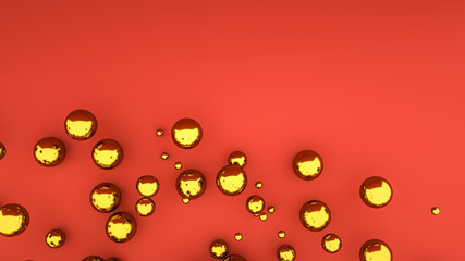 abstract background of golden three-dimensional spheres on a red background. 3d render illustration